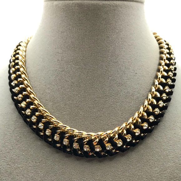 Unsigned Jewelry - Gold-Tone, Black Suede & Rhinestone Collar Necklace